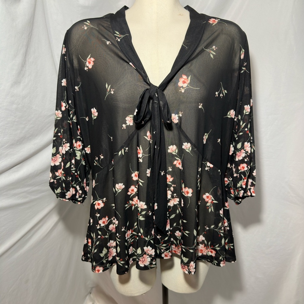 Siren Lily Plus 1X Sheer Floral Boho Top Black Feminine Romantic Chiffon Blouse - Picture 1 of 9